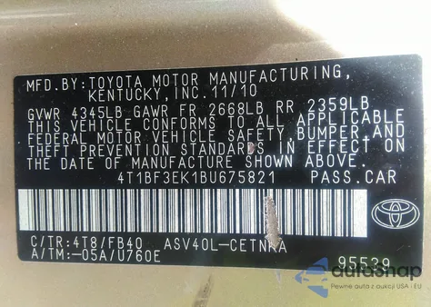 2011 Toyota Camry Le из США, поврежденный, VIN 4T1BF3EK1BU675821